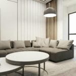 Jasny nowoczesny salon z minimalistycznymi meblami przygotowany do sprzedaży